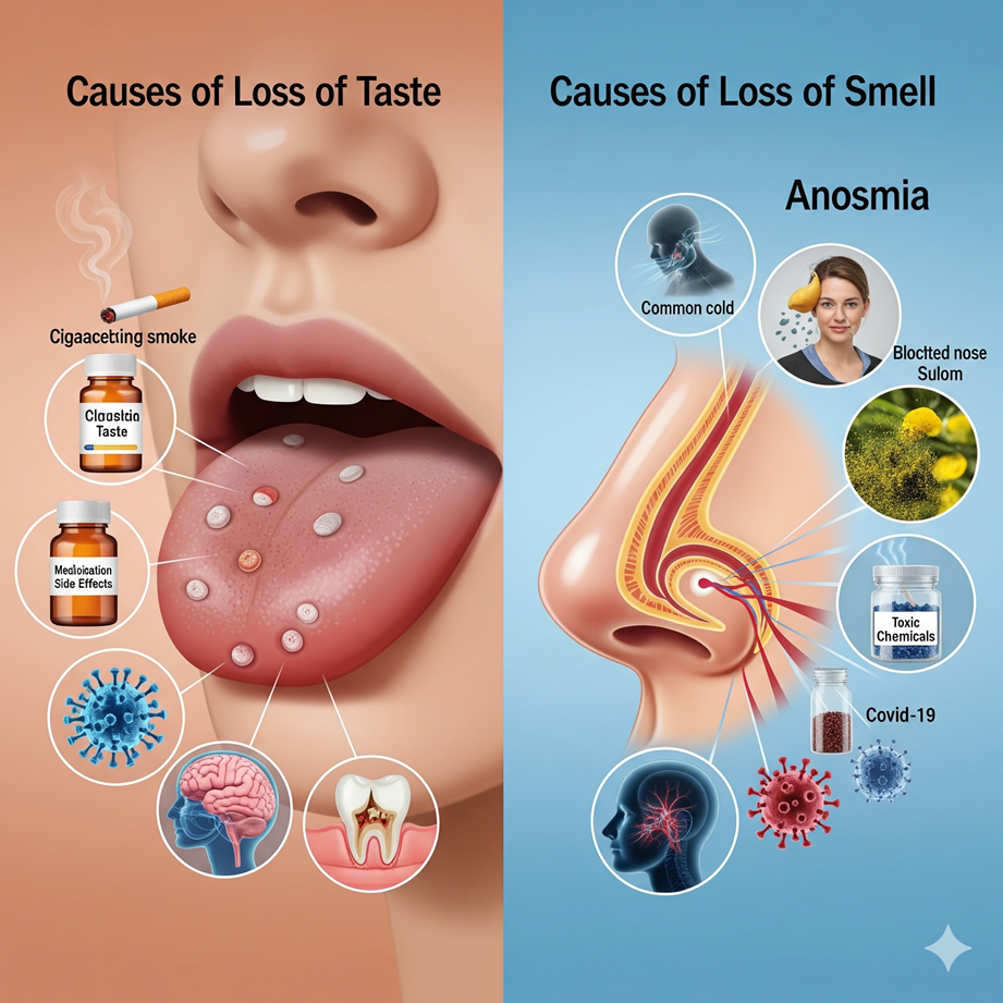 Causes of anosmia and Ageusia