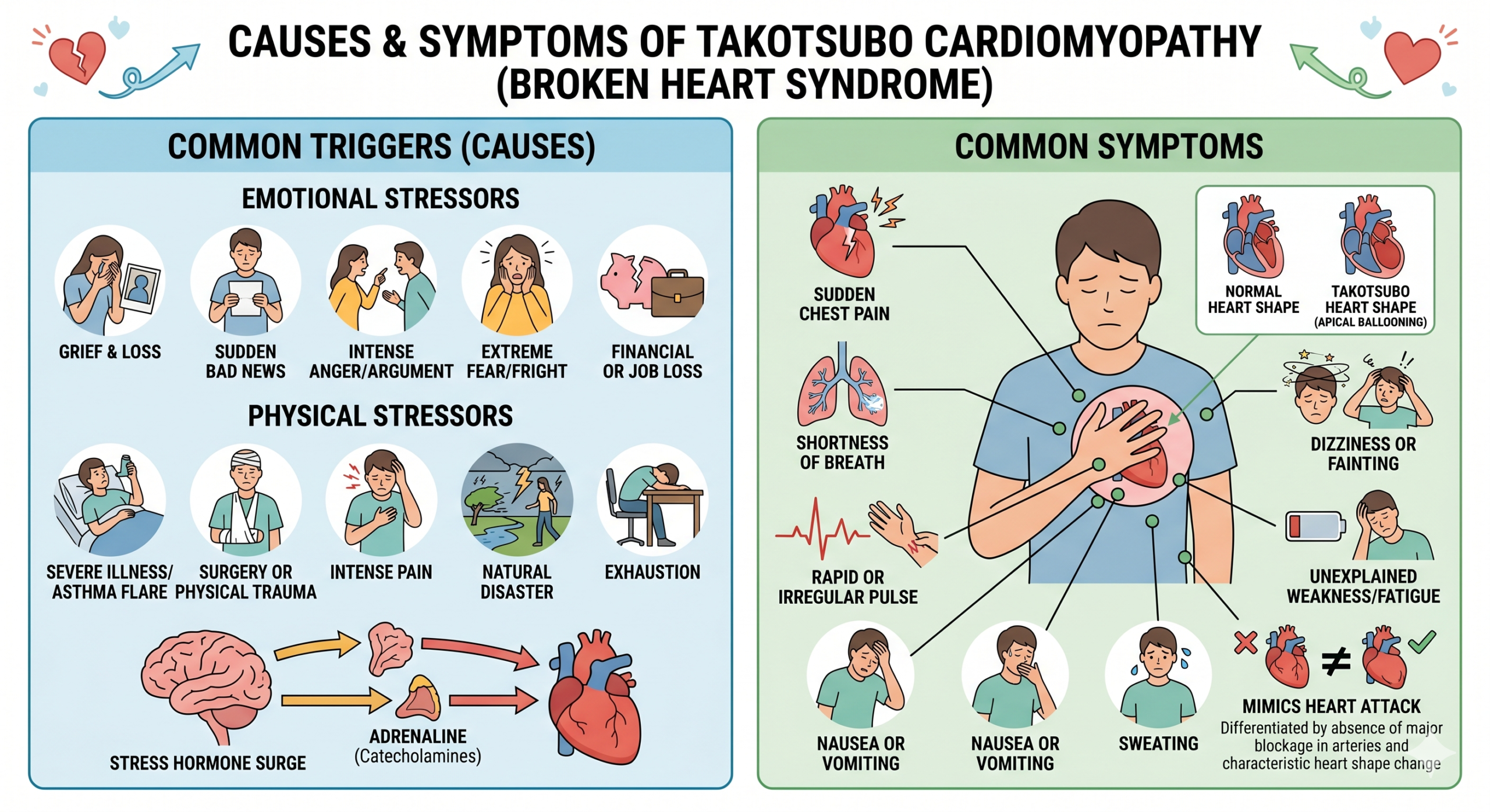 Causes and symptoms of takotsubo cardiomyopathy
