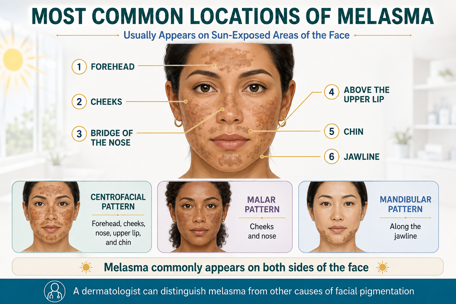 Most common locations of melasma